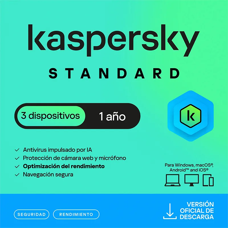 Antivirus Kaspersky Standard, para 3 PCs, Lic 1 año, Producto Virtual.