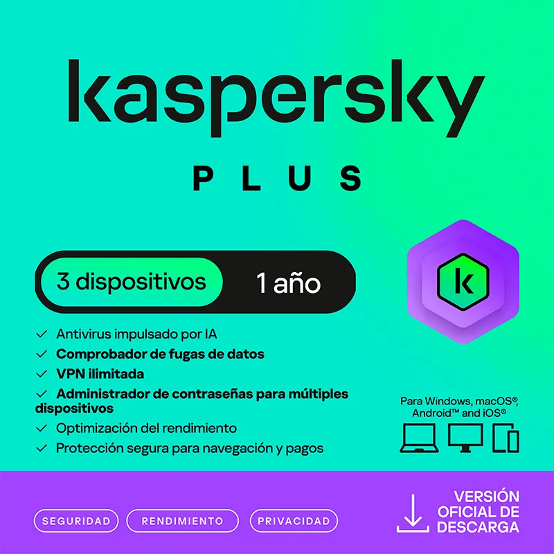 Antivirus Kaspersky Plus, para 3 PCs, Lic 1 año, Producto Virtual.