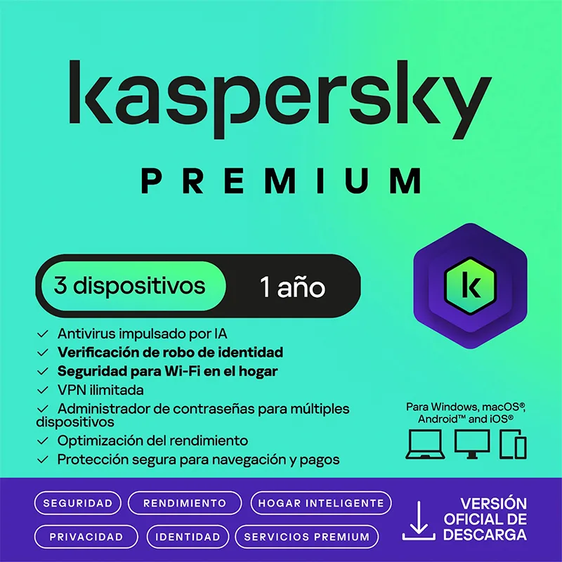 Antivirus Kaspersky Premium, para 3 PCs, Lic 1 año, Producto Virtual.