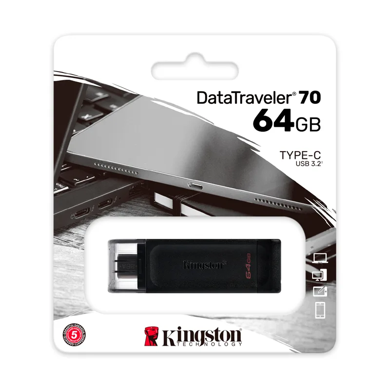 Memoria Flash USB Kingston DataTraveler 70, 64GB, USB-C 3.2 Gen1, presentación en colgador