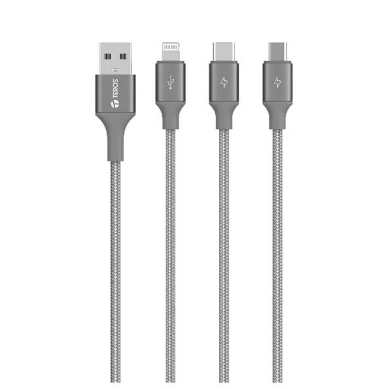 Cable de carga 3 en 1 TEROS TE-70210W, USB a Tipo C_Lightning_Micro USB, 17.5W Max, gris