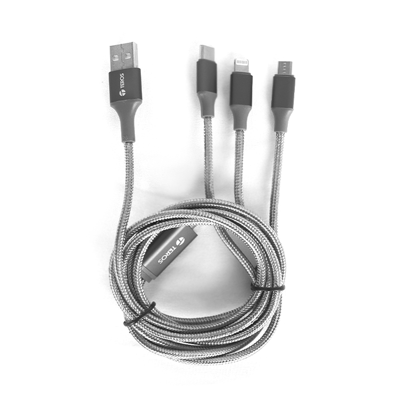 Cable de carga 3 en 1 TEROS TE-70210W, USB a Tipo C_Lightning_Micro USB, 17.5W Max, gris