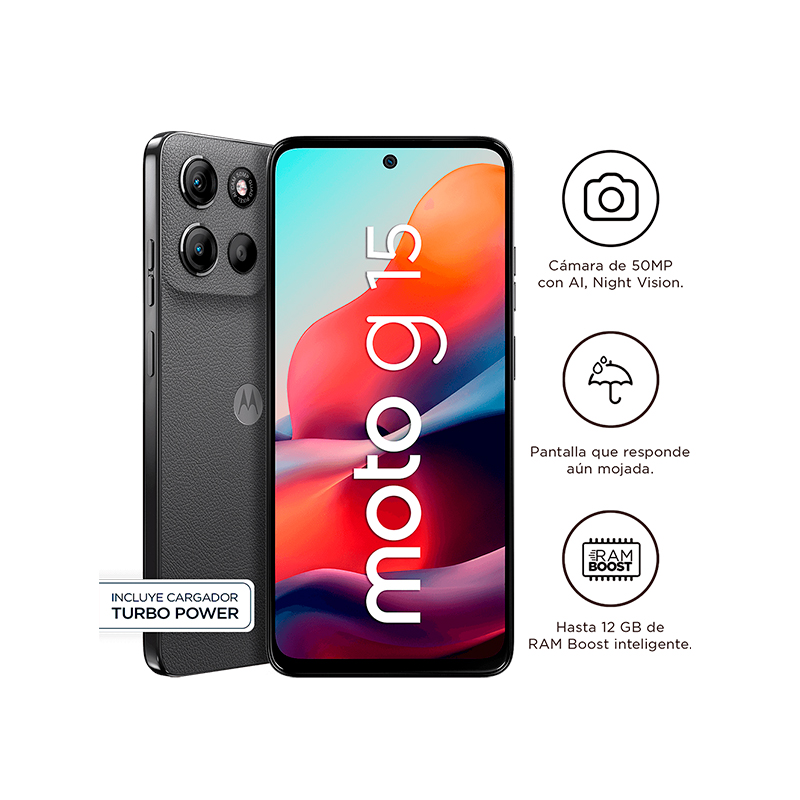 Smartphone Motorola moto g15, Pantalla_ 6.7__LCD_FHD+_60Hz, SO_ Android 15, Color Gris