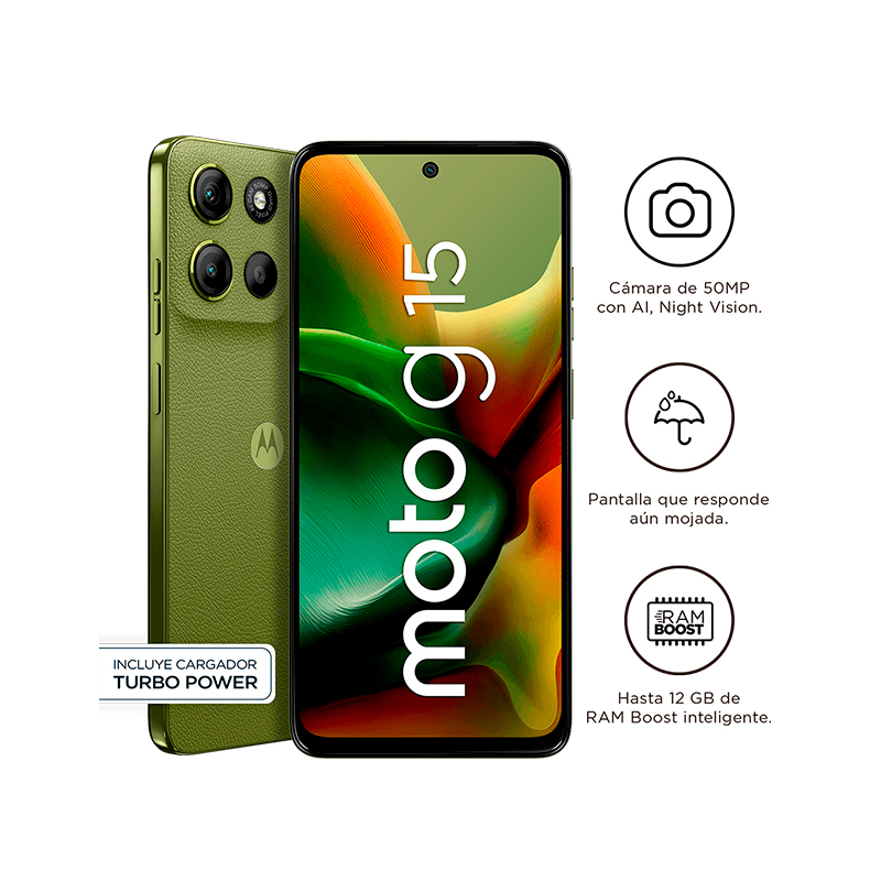 Smartphone Motorola moto g15, Pantalla_ 6.7__LCD_FHD+_60Hz, SO_ Android 15, Color Verde