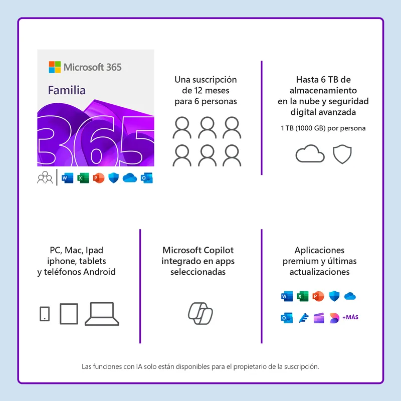 Licenciamiento Virtual (ESD) Microsoft 365 Familia (Licencia de 12 meses / 1 a 6 usuarios)
