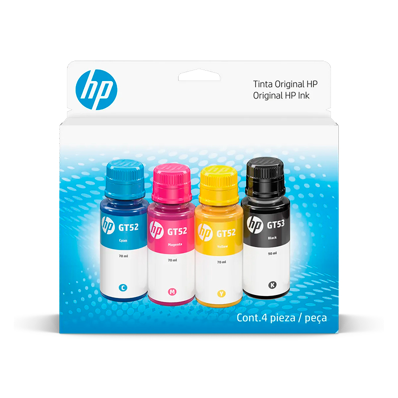 Combo Kit de botellas de tinta HP GT53_GT52, (Pack de 4), Negro, Magenta, Cian, Amarillo
